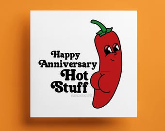 Anniversary Card Hot Stuff Chilli Pepper Funny Flirty Retro Cartoon Square A5