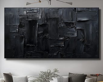 Original Schwarzes Minimalistisches Wandbild, Schwarzes 3D Strukturgemälde, Schwarzes abstraktes Gemälde, Schwarze abstrakte Wandkunst, Modernes Wohnzimmer Dekor