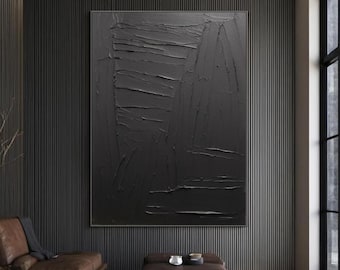 Große schwarze minimalistische Wandkunst, schwarzes 3D-Strukturgemälde, schwarze Struktur, modernes minimalistisches abstraktes Gemälde, reines schwarzes dekoratives Gemälde