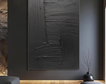 Großes schwarzes strukturiertes Acrylbild, reines schwarzes dekoratives Gemälde, minimalistisches abstraktes Strukturgemälde, Wohnzimmer-Dekorationsgemälde