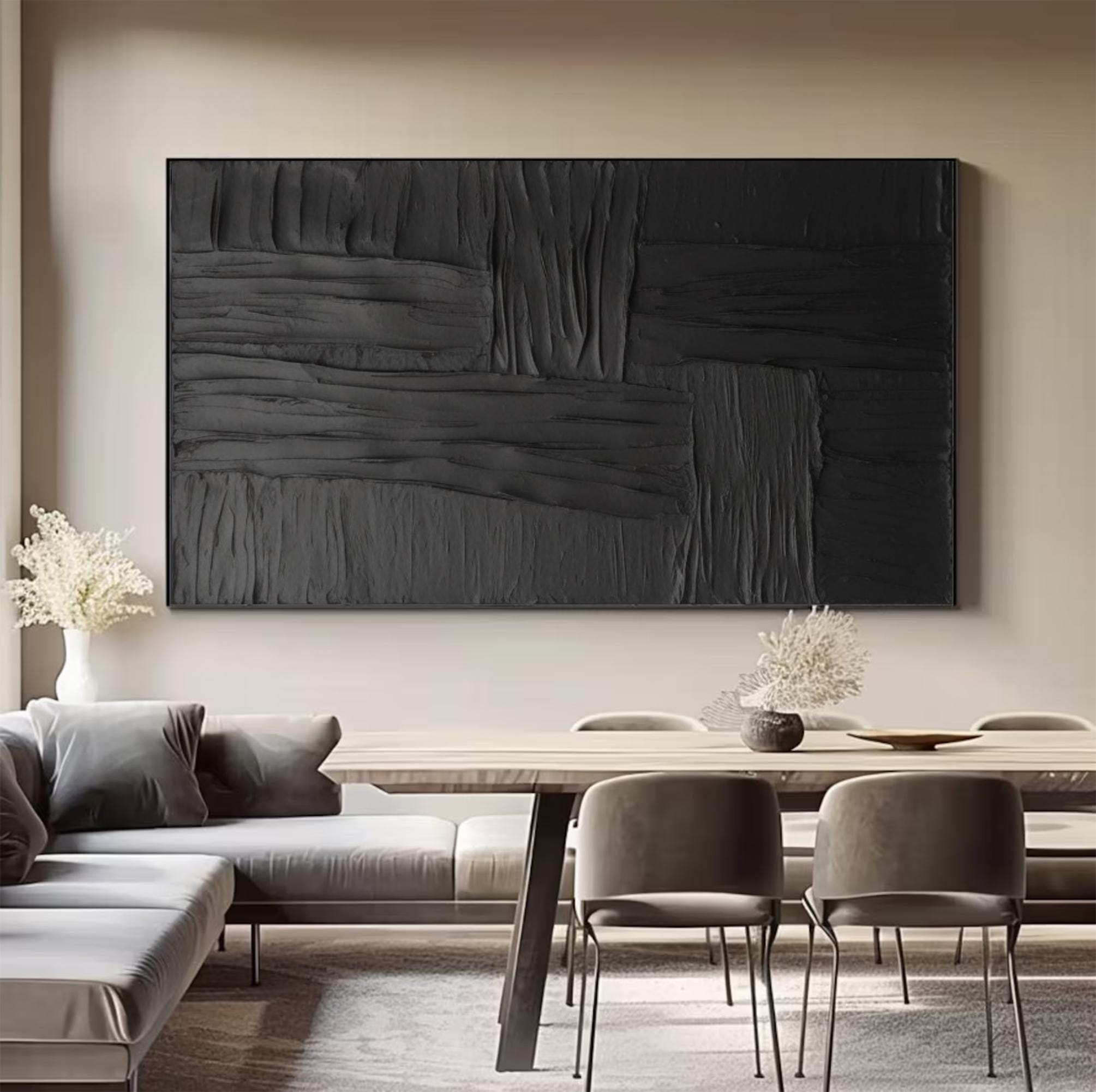 Large Black Minimalist Abstract Art Modern 3D Black Texture Wabi-Sabi Painting Black Handmade Texture Painting Living Room Decoration Art