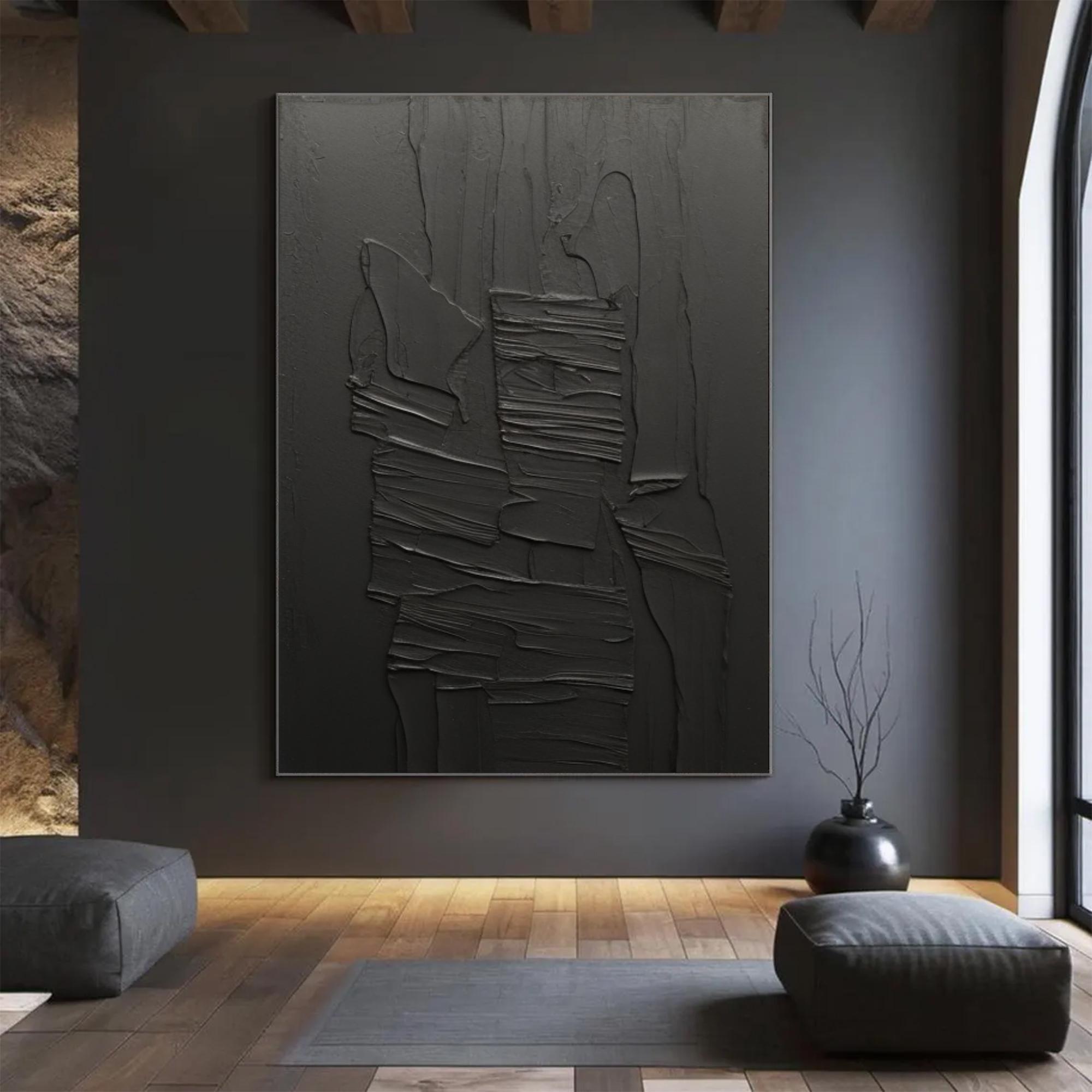 Große schwarze abstrakte Textur Wandkunst Schwarzes 3D-Strukturgemälde Schwarze Textur Minimalistisches abstraktes Gemälde Reines schwarzes dekoratives Gemälde