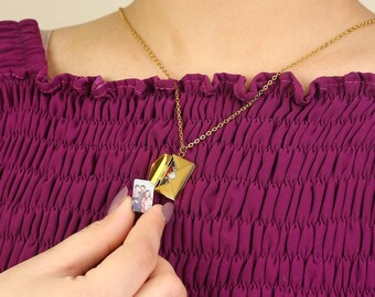 Custom Engraved Text & Photo Necklace, Secret Message Envelope Pendant, Hidden Picture Jewelry, Personalized Gift for Her, Mom, Friend