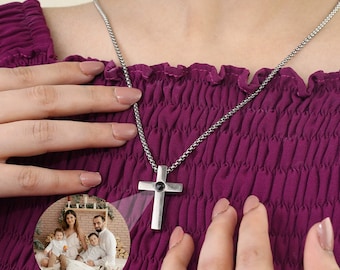 Personalized Cross Bar Photo Projection Necklace, Hidden Photo Jewelry, Memorial Religious Pendant, Gift for Him, Her, Men, Birthday & Faith