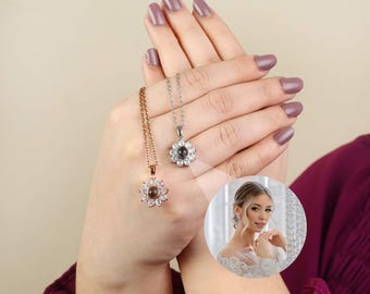Floral Charms Projection Necklace, Hidden Photo Pendant Jewelry, Personalized Keepsake, Wedding, Anniversary, Birthday Gift for Her