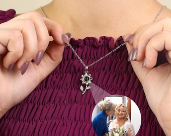 Personalized Sunflower Projection Necklace, Picture Floral Pendant, Sterling Silver Keepsake Jewelry, Wedding, Birthday Gift for Mom, Friend