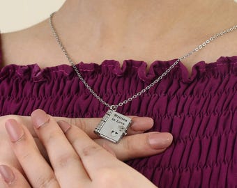 Custom Book Locket Necklace, Personalized Photo & Message Jewelry for Her/Him, Book Lover Keepsake, Birthday or Friendship Christmas Gift