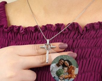 Heart Cross Photo Projection Necklace, Cubic Zirconia Jewelry for Friend, Personalized Hidden Photo Gift for Her, Birthday or Anniversary