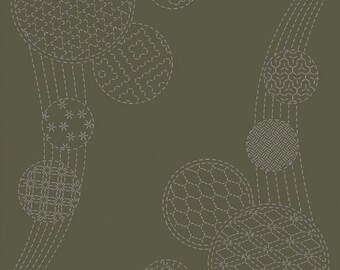 Panel japonés Sashiko - Campanillas de viento en verde grisáceo
