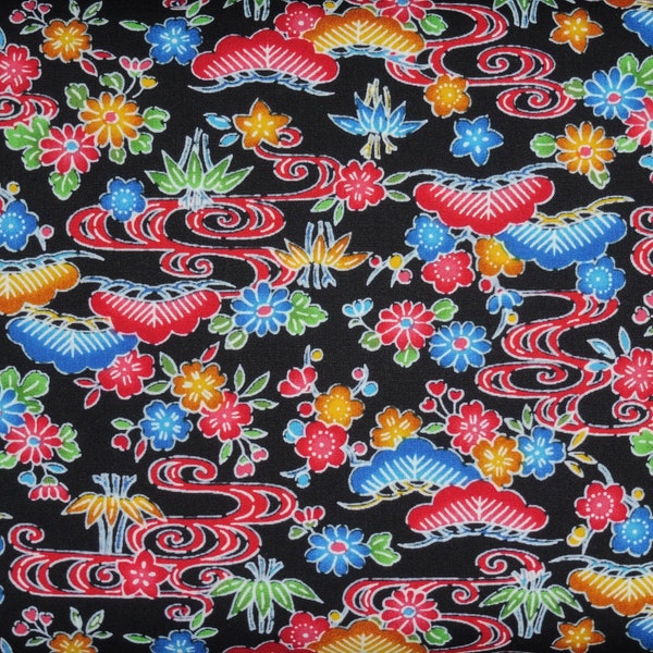 Japanese Cotton Print - Quilting Fabric - 1/2 yard of black Pine Garden