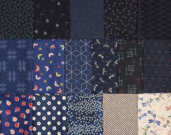 Japanese Cotton Fabric - Quilting Prints - 16 blue Traditional Fat Eighths