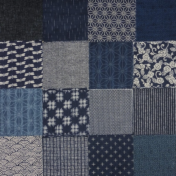 Japanese Fabric Bundle - Scrap Pack - 24 Pieces of Textured Cotton Prints in Blue