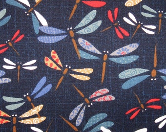 Japanese Cotton Fabric - Quilting Print - 1/2 yard of dark blue Colorful Dragonfly