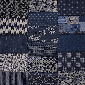 Imprimés japonais sur coton - Tissus à courtepointe texturés - 16 gros quartiers bleus