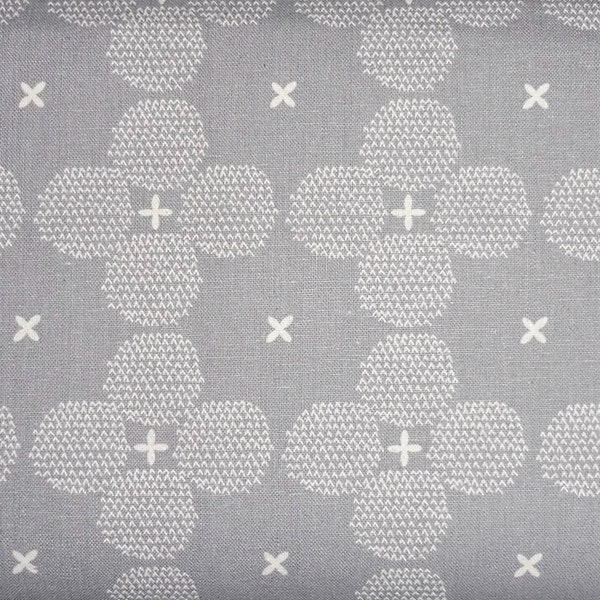 Japanese Cotton Linen Fabric - 1/2 yard of grey Stitched Flower