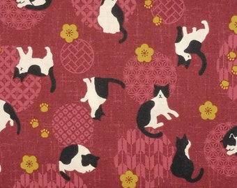 Japanese Cotton Print - Quilting Fabric - 1/2 yard of muddy raspberry Cat with Decorative Circles