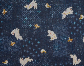 Japanese Cotton  Print - Quilting Fabric - 1/2 yard of dark blue Rabbit on Patchwork