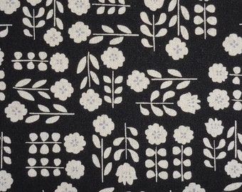 Japanese Cotton Linen Fabric - 1/2 yard of black Row Flowers