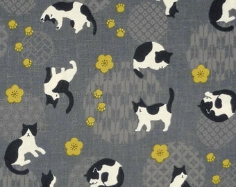 Japanese Cotton Print - Quilting Fabric - 1/2 yard of grey Cat with Decorative Circles