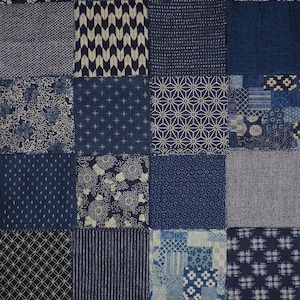 Tissu japonais - Paquet de déchets - 24 impressions sur coton texturées bleues