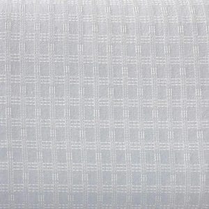 May include: Close-up of a white fabric with a textured, grid-like pattern. The pattern consists of vertical and horizontal lines creating a series of small squares. The fabric appears to be soft and slightly reflective.