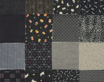 Japanese Fabric Bundle - Scrap Pack - 24 Pieces of Cotton Quilting and Textured Prints in Black