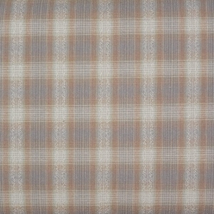 May include: Close-up of a fabric with a plaid pattern. The design features a grid of intersecting lines in shades of beige, gray, and brown. The fabric has a textured appearance, suggesting a woven material. The pattern is evenly spaced and creates a classic, timeless look.