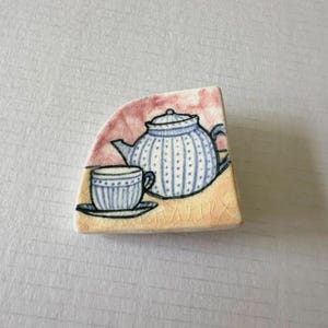 Hand Painted Ceramic Brooch Tea Pot and Cup Design Vintage Style Pin