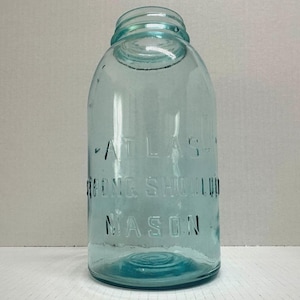 Atlas Strong Shoulder Mason Jar Blue Glass 9x4.5&quot; Vintage Canning Collectible