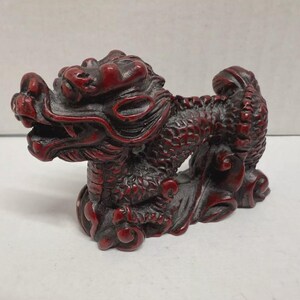 Chinese Dragon Figurine in Red and Black Resin—Symbol of Prosperity and Protection