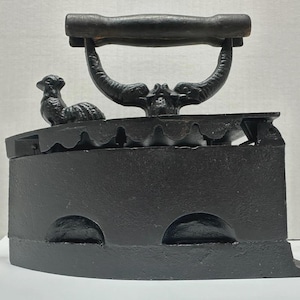 Vintage Cast Iron Coal Iron Box with Ram Head Handle and Rooster Figure, Antique