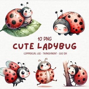 10 graziosi e kawaii coccinella insetto clipart immagine PNG - acquerello adorabile divertente cartone animato insetti insetti grafica stampabile - download digitale