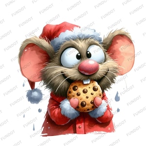 16 divertidos y extravagantes ratones navideños, ratas, imágenes prediseñadas PNG - Diseño de sublimación de tarjetas con animales festivos lindos de Navidad con acuarela - Descarga digital