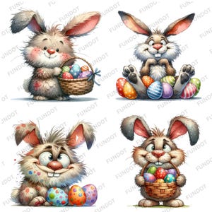 May include: Four cartoon bunnies holding baskets of colorful Easter eggs. The bunnies are all different colors and have different expressions on their faces.