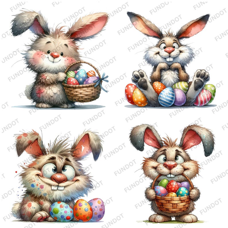 May include: Four cartoon bunnies holding baskets of colorful Easter eggs. The bunnies are all different colors and have different expressions on their faces.
