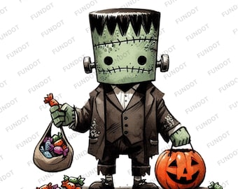 May include: A cartoon illustration of Frankenstein's monster holding a bag of candy and an orange jack-o'-lantern. The monster is green with black hair and stitches, wearing a black suit. The word "FUNDOT" is repeated across the image.