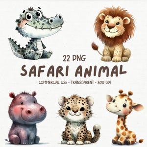 Mignon bébé sauvage animaux de safari ClipArt Images PNG aquarelle drôle et adorable chambre de bébé Shower de bébé sublimation imprimable dessin animé graphiques