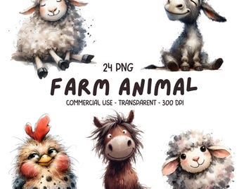 24 imágenes PNG de animales de granja divertidos y adorables - Dibujos animados de animales de granja divertidos y originales en acuarela para imprimir en tarjetas y sublimación