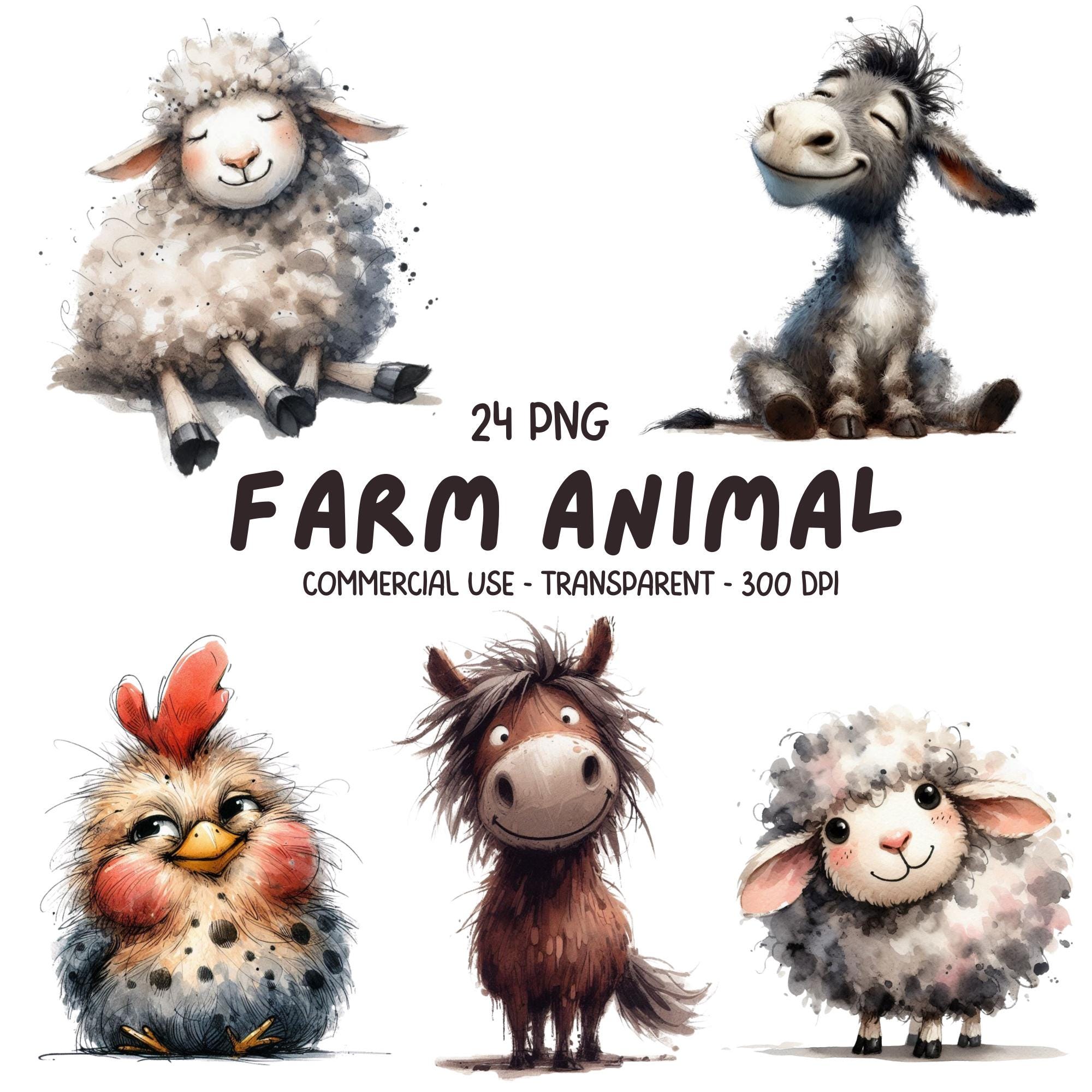 24 Funny Cute Farm Animals Clipart PNG Images - Watercolor Funny ...