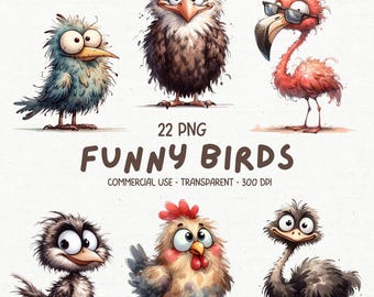 22 Cute & Funny Birds ClipArt PNG Bundle - Watercolor Quirky Whimsical Birds Printable Card Making Sublimation Cartoon Graphics Clip Art