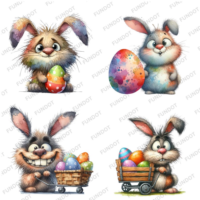 May include: Four cartoon bunnies with different expressions, each holding or carrying Easter eggs. The bunnies are painted in shades of brown, white, and gray. The eggs are decorated with colorful patterns and designs.