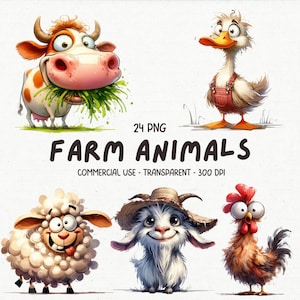 24 imágenes PNG de animales de granja extravagantes: animales de granja lindos y divertidos en acuarela, gráficos de sublimación imprimibles: descarga digital