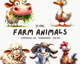 24 Quirky Farm Animals ClipArt PNG Images - Watercolor Cute & Funny Farmyard Animal Printable Sublimation Graphics - Digital Download