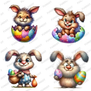 May include: Four cartoon bunnies in various poses. One bunny is holding a bag of Easter eggs, another is holding two Easter eggs, and two bunnies are sitting inside cracked Easter eggs.