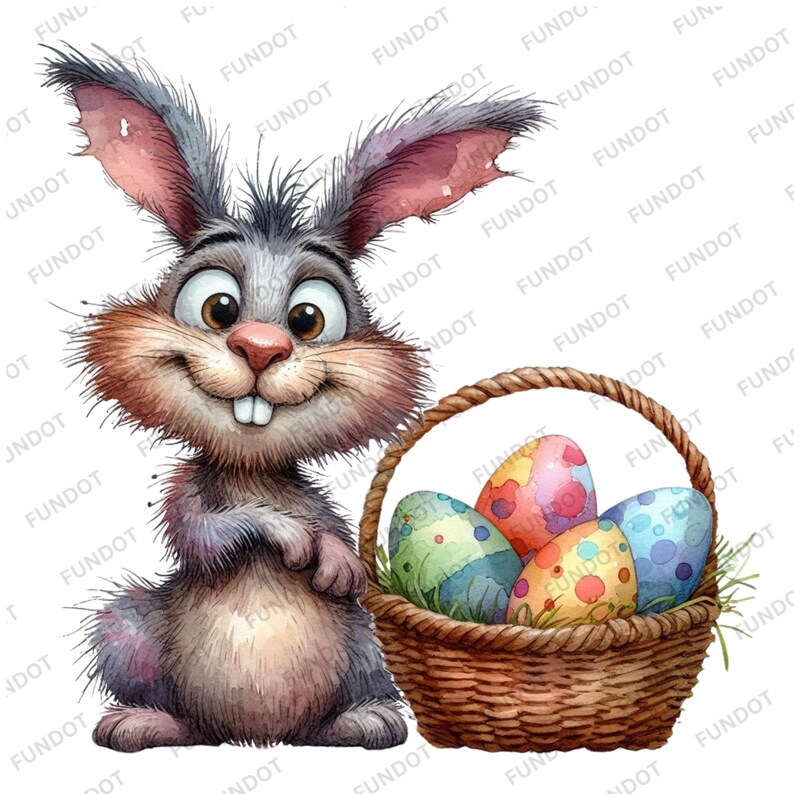 May include: A gray bunny rabbit with big ears and a wide smile holds a wicker basket filled with colorful Easter eggs. The eggs are painted with various patterns and colors.