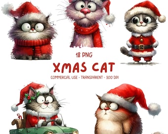 18 Cute Quirky Christmas Cats PNG ClipArt - Watercolor Xmas Festive Funny Kittens Sublimation Image File - Digital Download - Commercial Use