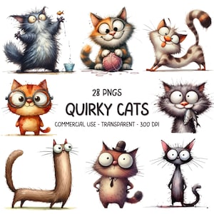 28 Quirky Funny Cats ClipArt PNG Bundle - Watercolour Cute & Whimsical Cartoon Cat JPG - Printable Card Making Sublimation Digital Graphics