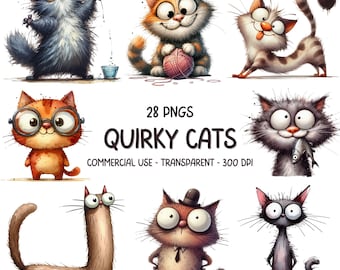 28 udda roliga katter ClipArt PNG-paket - Akvarell söt och nyckfull tecknad katt JPG - Utskrivbar korttillverkning sublimering digital grafik