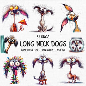 33 Quirky Long Neck Dogs ClipArt PNG Bundle - Akwarele Zabawne i kapryśne obrazy kreskówkowych psów - Wydrukowane cyfrowe pobieranie - Użytek komercyjny