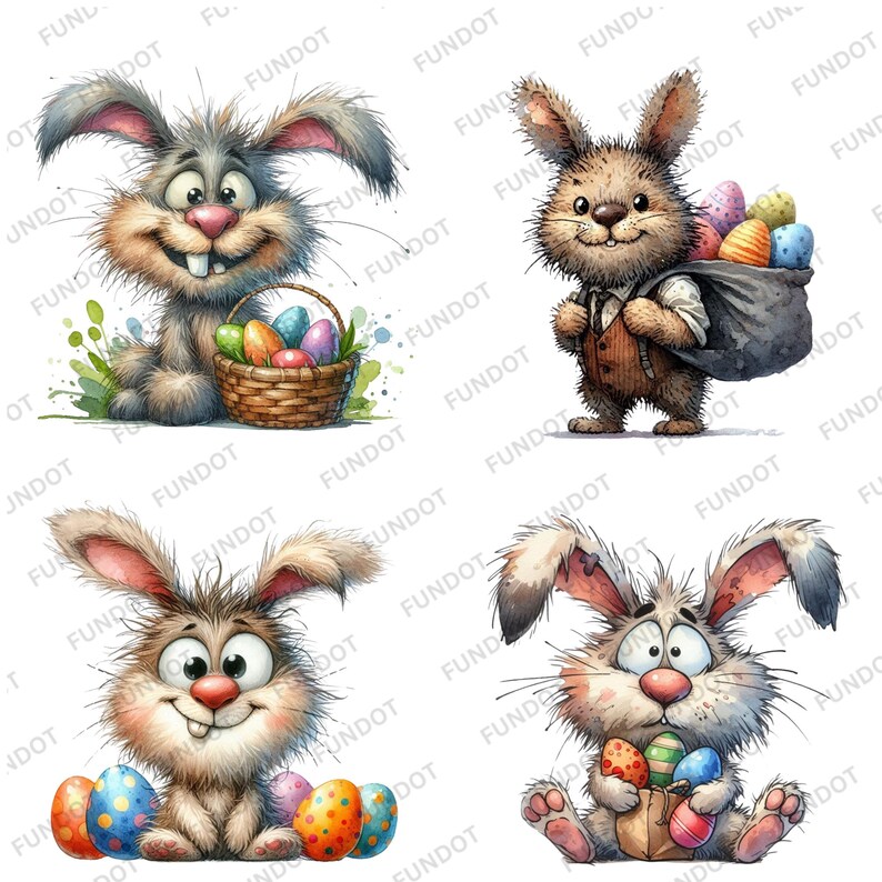 May include: Four cartoon bunnies with fluffy fur and big eyes. Each bunny is holding or carrying colorful Easter eggs. The bunnies are in different poses, some sitting, some standing, and some carrying a basket of eggs.